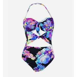 Bar III Large Black Floral Bright Tie Front Bandeau Underwire One Piece Swimsuit